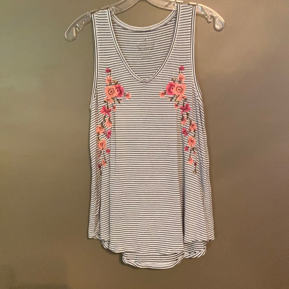 American Eagle Outfitters Striped Tank Top with Floral Embroidery